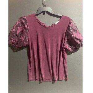 Flower and feather blouse Burgundy puffy Sheer lace sleeves XL